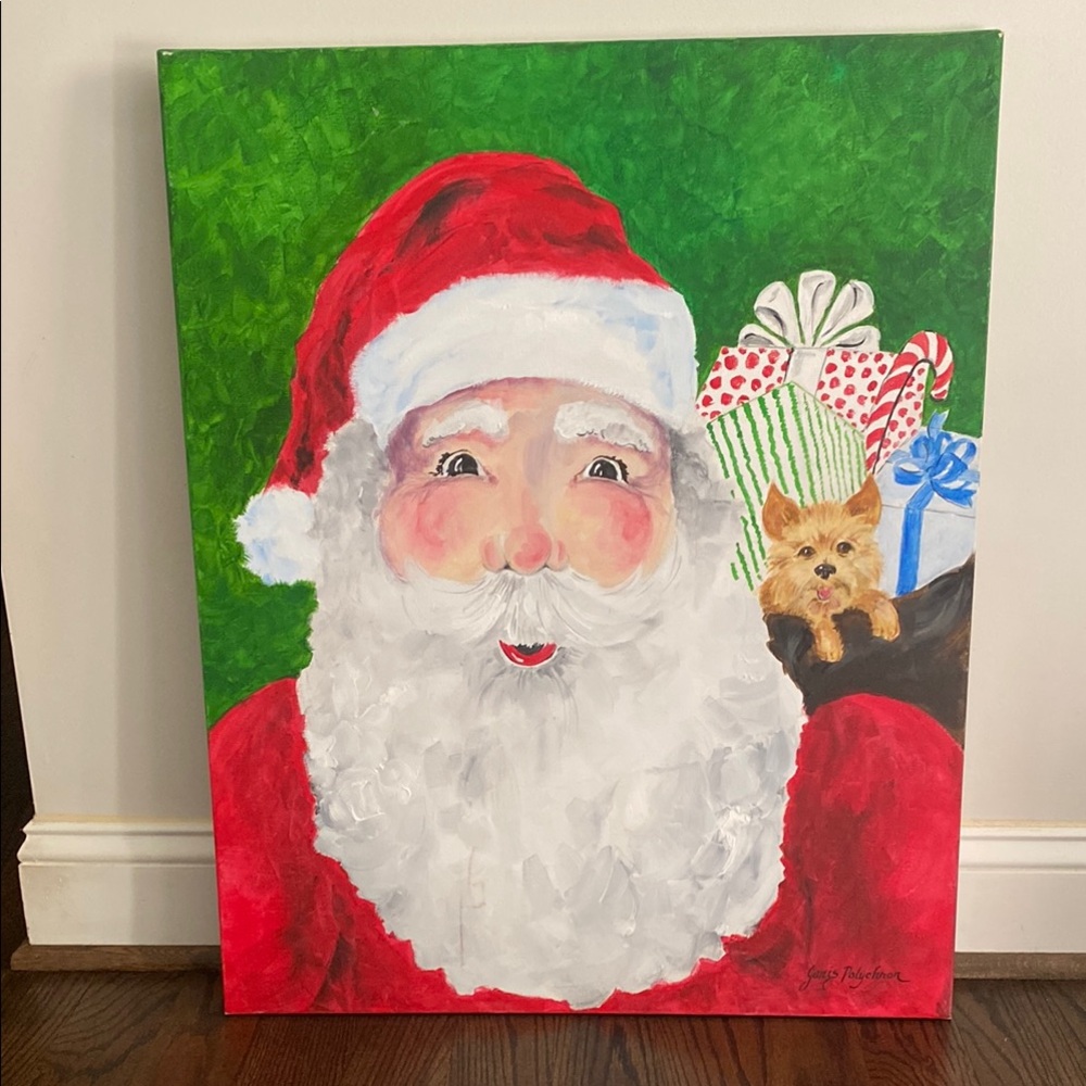 Original Canvas Art - 24x30.  Festive Santa Claus with Yorkie.